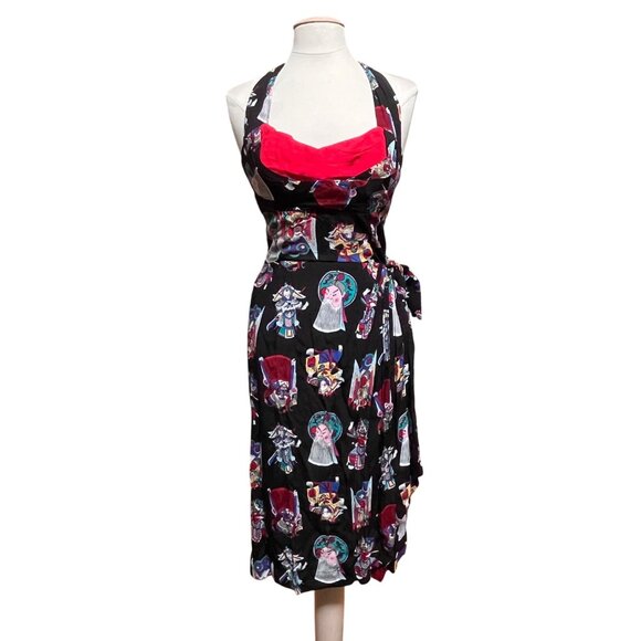 Trashy Diva Halter Faux Wrap Dress Black Multicolor 10 Asian Pin Up Rockabilly - Picture 1 of 10